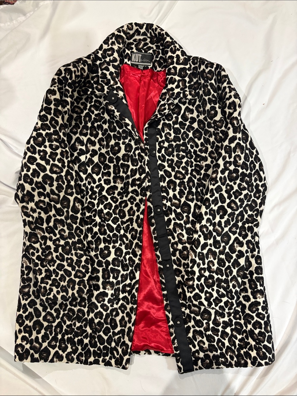 Kut from the Kloth Black and Cream Leopard Print Pea Coat with Red Lining